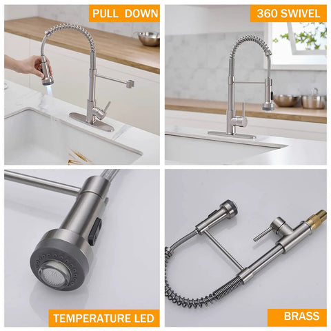 Brushed Nickel Pull Down Kitchen Faucet With Two Function Sprayer, Stream And Spray, Pause Feature, 360 Degree Swivel, High Arc Spout