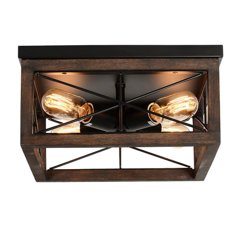 4-Light Farmhouse Flush Mount Ceiling Light With Black Rustic Finish, Wood Accents, E26 Base, Industrial Vintage Ceiling Fixture For Hallway, Entryway, Laundry, Kitchen And Bedroom Perfect For Hallways, Foyers And Other Living Areas For A Retro Vibe