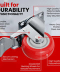 Close-up of Four Pack Swivel Plate Caster Wheels With Brakes In Red Polyurethane, highlighted features like steel axle and locking mechanism.