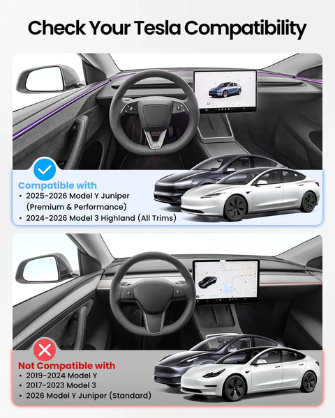 Center Console Organizer compatibility for Tesla Model Y Juniper 2025-2026 and Model 3 Highland 2024-2026 displayed.