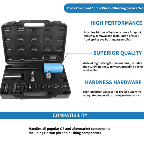 Heavy Duty Front Leaf Spring Pin And Bushing Service Set With Hydraulic Press Tool For Rig Suspension Upgrade, press kit in black case.
