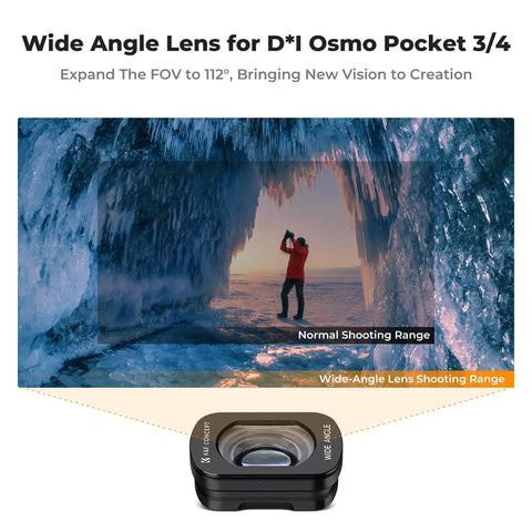 Wide-angle lens for DJI Osmo Pocket 4/3, expands FOV to 112° for cinematic shots in icy canyon. Effect Lens And ND Filter Kit.