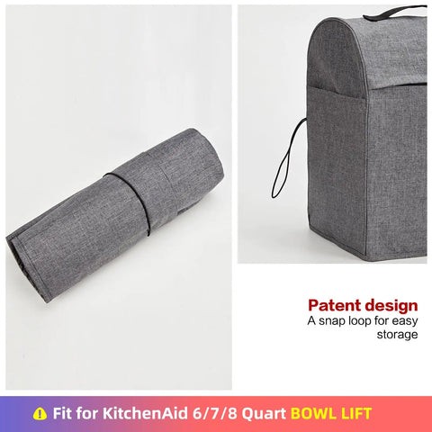 Gray Stand Mixer Dust Cover With Zipper Pocket For 6 To 8 Quart Bowls, showing rolled-up storage and upright view.