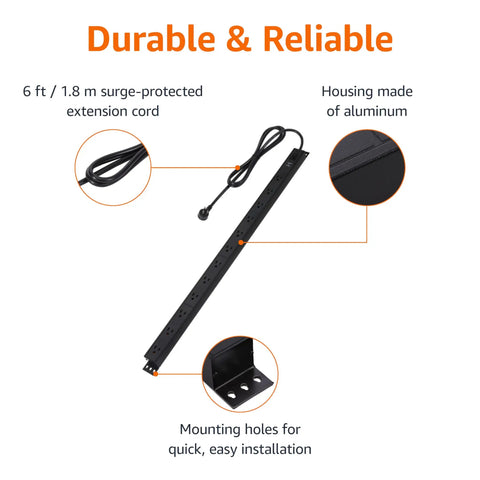 Heavy Duty 12 Outlet Surge Protector Power Strip With Metal Housing 600 Joules 6 Foot Extension Cord Wide Spaced Mountable Black LED Indicator For Bulky Electronics, 6 ft cord