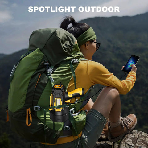 Person wearing backpack holding Rechargeable Spotlight 2,000,000 Lumens, Crazy Bright LED Flashlight for Outdoor Adventures.