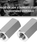 Heavy Duty Stainless Steel Hex Coupling Nuts M8x1.25 Thread Two Piece Set 25mm Length 13mm Width on a gear background.