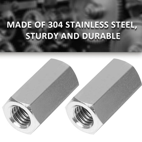 Heavy Duty Stainless Steel Hex Coupling Nuts M8x1.25 Thread Two Piece Set 25mm Length 13mm Width on a gear background.