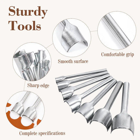 Seven Piece Leather Craft Tool Set Half Round Punches For Strap Belt Wallet Bag DIY Handwork Leatherworking Tools With Premium Steel And Sharp Edges 10 To 40 Millimeters displayed in various angles highlighting smooth surface and sharp edge.