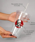 Sip All Day Long With Bulk Pack Custom Clear Acrylic Tumblers 16 Oz Double Wall Insulated Plastic Cups With Lids Straws Bpa Free Personalized Drinkware For Iced Coffee displayed with straw and KFC logo.
