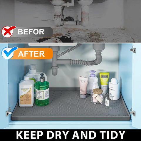 Under Sink Mat 34 By 22 Inches No Fuss Extra Thick 3mm Silicone Leakproof Kitchen Cabinet Protector And Liner installed view