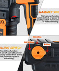 Close-up of Powerful 13 Amp SDS Plus Rotary Hammer Drill 1-1/4 Inch switches for hammering and drilling modes