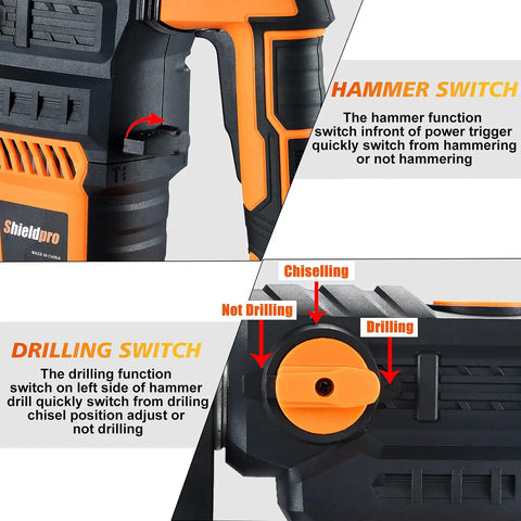 Close-up of Powerful 13 Amp SDS Plus Rotary Hammer Drill 1-1/4 Inch switches for hammering and drilling modes