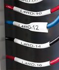 Industrial Heat Shrink Labels, Three Quarter Inch Tube With Crisp Black Lettering on labeled wires, showcasing durability and identification.