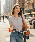 Person with a smile walking a bike through a city street, holding handlebars, wearing a casual outfit and bag.