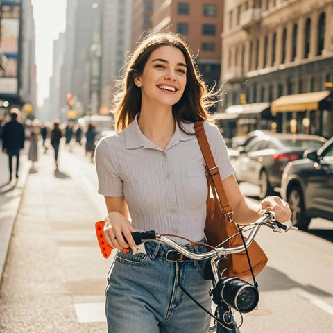 Person with a smile walking a bike through a city street, holding handlebars, wearing a casual outfit and bag.