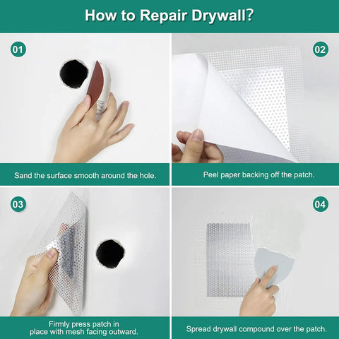All In One Drywall Patch Kit With Self Adhesive Aluminum Patches For Quick Wall Repair Includes 2x2 4x4 6x6 8x8 Inch Patches Plus Free Scraper And Sandpapers For Plasterboard Ceilings