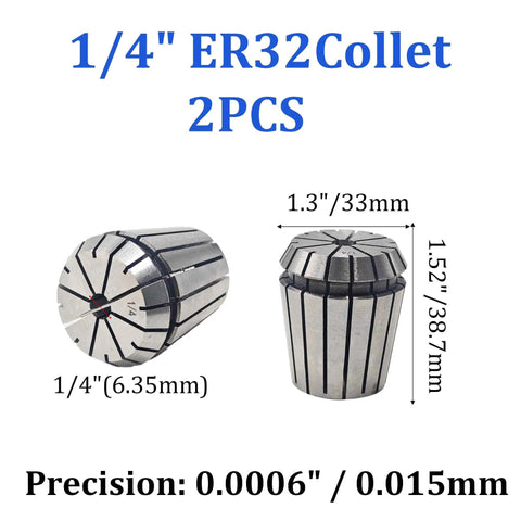 2 Pack ER32 Spring Collets 1/4 Inch High Precision Collet Chuck dimensions and features displayed