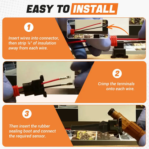 Easy installation steps for Knockout 10 Piece EV1 Fuel Injector Connectors showing wires, crimping, and sealing boot.