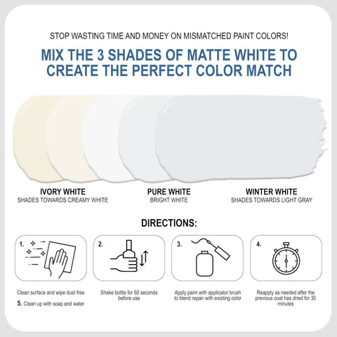 Mixing guide for Matte White Touch Up Paint Pen Kit Dead On Wall And Cabinet Repair 3 Pack with color shades.