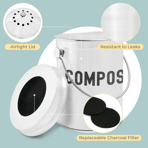 Stainless Steel Countertop Compost Bin 1.3 Gallons Odorless No Stink With Carbon Filter Airtight Lid Indoor Kitchen Companion