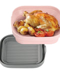 2 Pack 8 Inch Foldable Square Silicone Air Fryer Liners For 4 Qt To 6 Qt, Reusable Inserts, Grey and Pink with Roasted Foods