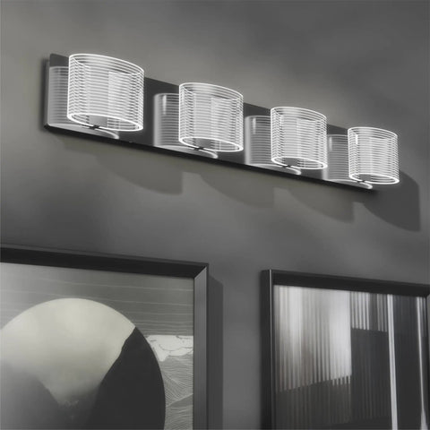 4 Light LED Bathroom Vanity Light 33.5 Inch Chrome Finish Dimmable Fixtures With Transparent Acrylic Lampshades 6000K Cold White Illumination