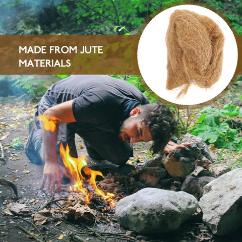 Man igniting campfire with Natural Jute Fire Starters 4 Pack Lightweight Outdoor Fire Igniters For Camping And Hiking Quick Ignition Emergency Starter Tool