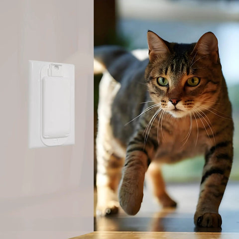 Two Pack Rocker Switch Guard Covers for Baby Proofing Your Home, Wall Switch Protectors installed on wall with a cat nearby