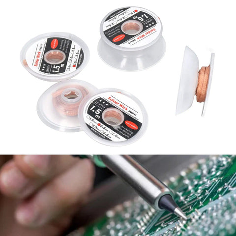 Red Copper Solder Wick Desoldering Braid Pack 5 Pieces 1.5m 4.9ft for PCB Motherboard and Phone Repair, coils and usage view