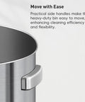 Close-up of handles on Heavy Duty 24 Gallon Round Stainless Steel Open Top Waste Bin Smooth Brushed Finish for easy moving.