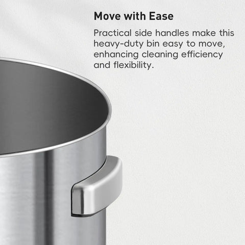 Close-up of handles on Heavy Duty 24 Gallon Round Stainless Steel Open Top Waste Bin Smooth Brushed Finish for easy moving.