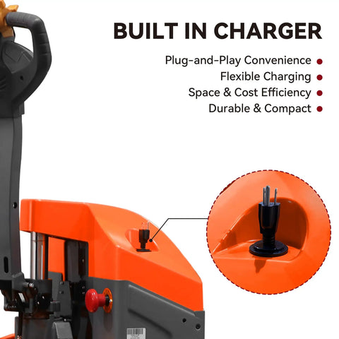 Aequanta Full Electric Pallet Jack with built-in charger for easy plug-and-play operation and space efficiency.