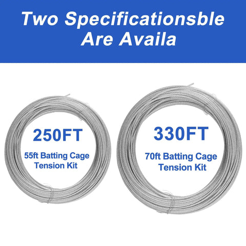 Heavy Duty Batting Cage Netting Wire Tension Kit For 55Ft Cages, 250Ft and 330Ft galvanized wire options displayed