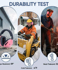 Soft Pink Hearing Protection Ear Muffs For Adults With 26 dB NRR Adjustable Safety Earmuffs For Construction And Travel Comfortable All Day Wear Great For Worksites And Shooting Ranges, showing drop, cold, and heat tolerance in various environments.