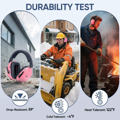 Soft Pink Hearing Protection Ear Muffs For Adults With 26 dB NRR Adjustable Safety Earmuffs For Construction And Travel Comfortable All Day Wear Great For Worksites And Shooting Ranges, showing drop, cold, and heat tolerance in various environments.