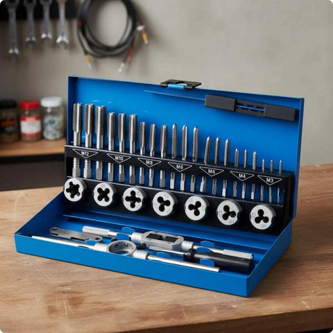Ultimate Hand Thread Cutting Tap And Die Repair Kit For Bolts Nuts Make Fastener Jobs A Breeze With Alloy Steel Build Perfect For Shop Garage Vibes, blue case, metric sizes M3-M12