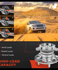 2 Rear Wheel Bearing And Hub Assembly Set For Toyota Highlander 2004 To 2013, Venza 2009 To 2016, Lexus RX330 2004 To 2006, RX350 2007 To 2009, RX400h 2006 To 2008, All Wheel Drive AWD, Five Lug, High Load Capacity For Your Ride shown with SUV in desert and diagrams of load directions