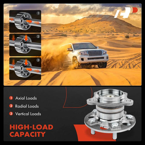 2 Rear Wheel Bearing And Hub Assembly Set For Toyota Highlander 2004 To 2013, Venza 2009 To 2016, Lexus RX330 2004 To 2006, RX350 2007 To 2009, RX400h 2006 To 2008, All Wheel Drive AWD, Five Lug, High Load Capacity For Your Ride shown with SUV in desert and diagrams of load directions