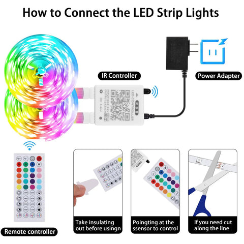Connection layout for Smart WiFi LED Strip Lights For Bedroom 100ft RGB Color Changing Rope Lights With Music Sync App Control And 44 Keys Remote 2 X 50ft Lit Dope Mood Lighting For Room Decor