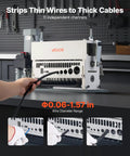 Electric Wire Stripper Workhorse with 11 feed channels showing wire input and stripping process in garage setting.