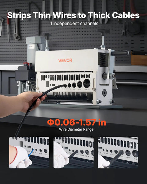 Electric Wire Stripper Workhorse with 11 feed channels showing wire input and stripping process in garage setting.