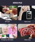 Variety of uses for colorful aluminum metal business card blanks, including VIP, name, emergency info, and game cards.