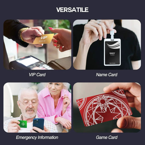 Variety of uses for colorful aluminum metal business card blanks, including VIP, name, emergency info, and game cards.