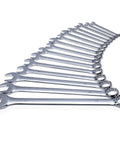 Pro Grade Extra Long Metric Wrench Set, 16 Piece Chrome Vanadium, displayed in sequence, showcasing varied sizes and V Groove design.