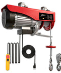 Electric hoist with remote control, red housing, 440 lb capacity, side view showing wire rope and hooks