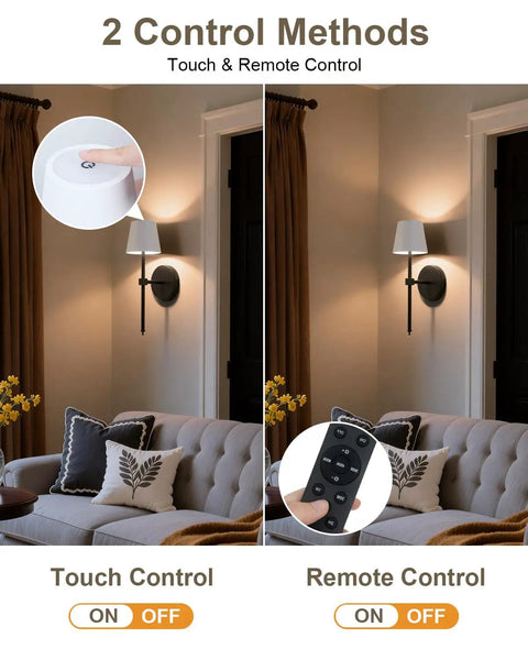 FRIDEKO HOME Black Battery Operated Wall Sconces Set of 2 Small, 12.2in with touch and remote control options showcased.