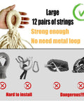 Hand holding strong hammock strings, labeled 'Large 12 pairs of strings, Strong enough, No need metal loop'