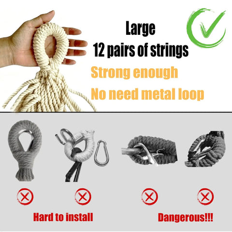 Hand holding strong hammock strings, labeled 'Large 12 pairs of strings, Strong enough, No need metal loop'