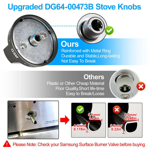 Comparison of upgraded DG64-00473B stove knobs with metal ring and standard knobs for Samsung gas range