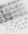 Massive 400 Piece Washer Set Kit With Split Lock Washers, External And Internal Star Washers, And Flat Washers In Sturdy 304 Stainless Steel, Imperial Sizes Six, Eight, Ten And One Quarter, Five Sixteenths, Three Eighths Inch. Assorted washers in plastic organizer